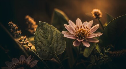 Wall Mural - Close-up Flower with Leaves Background Botanical Nature Photography