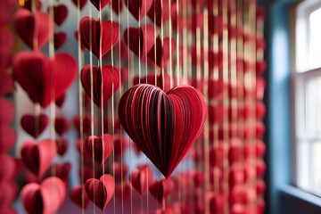 Sticker - Crimson Heart Garland: A romantic and visually stunning close-up of a curtain of intricately folded red paper hearts hanging from delicate strings.