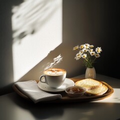 A sleek wooden tray with a cappuccino dusted with cinnamon, golden toasts with jam, a crisp linen napkin, and a minimalist vase with daisies. Soft natural light, the elegant simplicity.