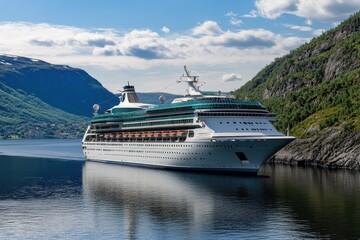 Canvas Print - Cruise ship sailing Norwegian fjord, mountains background, travel