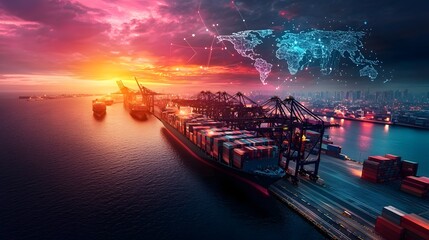 Aufkleber - Futuristic scene of an AI powered cybernetic logistics terminal with a glowing digital network in the shape of a world map overlaying the port symbolizing the interconnected nature of global shipping