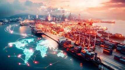 Fototapete - Futuristic Cybernetic Logistics Terminal with AI Powered Global Freight Management Network  Glowing digital map overlay symbolizes the interconnected nature of international shipping and trade