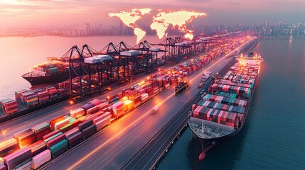 Aufkleber - Automated cargo handling systems and AI controlled cranes at a futuristic smart shipping port  A glowing world map shaped logistics network hovers above illustrating real time data flow