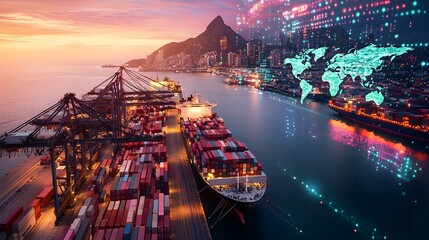 Aufkleber - Futuristic top down view of an advanced shipping port where robotic systems and coordinate the logistics of global trade