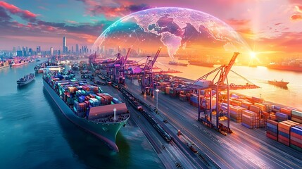 Aufkleber - Expansive futuristic shipping hub where an intricate world map shaped digital network links all global freight centers