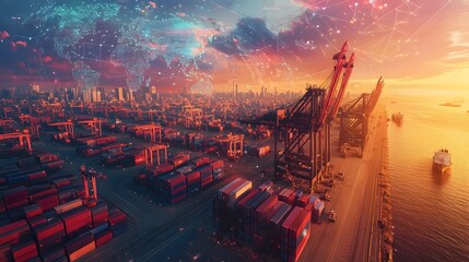 Aufkleber - Expansive futuristic shipping hub where an intricate world map shaped digital network links all global freight centers