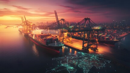 Aufkleber - Expansive futuristic shipping port with an intricate digital network linking global freight centers