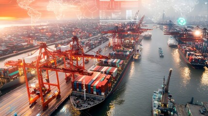 Aufkleber - Aerial view of an interconnected smart shipping port with automated cargo handling cranes and global trade route visualization  A holographic world map node network highlights key freight hubs