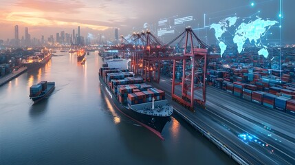Aufkleber - Aerial view of an interconnected smart shipping port with automated cranes and global trade route visualization  A holographic world map node network highlights key freight hubs