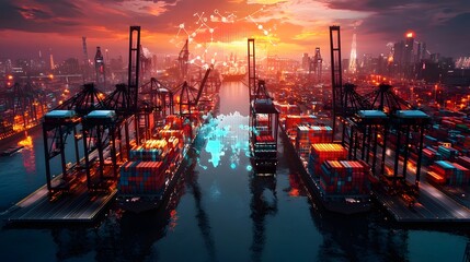 Aufkleber - Futuristic aerial view of an interconnected smart shipping port with automated cranes global trade route visualization and a massive metropolis with neon lit high rise towers in the background