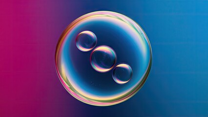 Poster - Vibrant macro bubble photography featuring a central large bubble with three smaller bubbles above on a gradient blue and purple background