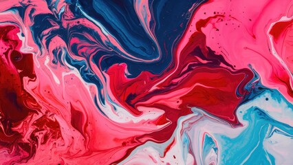 Poster - Vibrant abstract fluid art featuring swirling shades of pink, red, and blue, with dynamic movement and rich textures across the canvas.