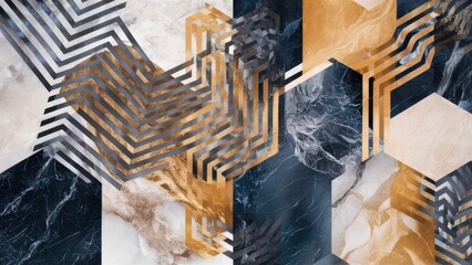 Poster - Geometric patterns overlaying natural marble textures in cream, black, and gold tones creating a modern abstract design suitable for backgrounds.