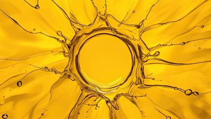 Fototapete - Dynamic splash of golden sunflower oil on a bright white background, with fluid droplets and patterns radiating outward from the center.