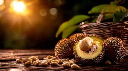 Wall Mural - Durian Fruit on Wooden Table with Warm Sunlight