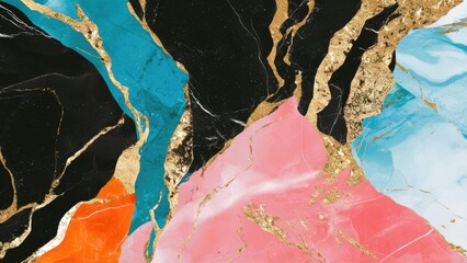 Poster - Vibrant marble abstract background with swirling patterns in blue, black, orange, gold, pink, and white on a digital canvas for creative projects