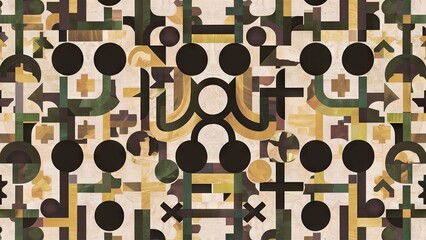 Leinwandbilder - Geometric patterns with black circles and abstract shapes in earthy tones of brown, green, and yellow arranged in a repetitive design.