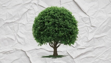 Aufkleber - Green leafy tree centered on crumpled white paper background with natural textures symbolizing growth and sustainability in business and nature