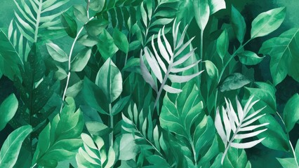 Leinwandbilder - Vibrant watercolor texture in varying shades of green with lush leaves layered richly in the background creating a tropical aesthetic sensation