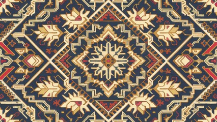 Leinwandbilder - Intricate geometric pattern featuring navy blue background with cream, red, and gold motifs. Central diamond shape surrounded by floral elements.