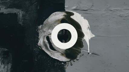 Poster - Abstract art composition featuring a central white circular element against a textured grey and black background with paint drips and splatters.