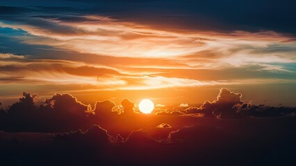 Aufkleber - Vibrant sunset skies with colorful clouds creating a dramatic backdrop featuring rich oranges and blues with ample space for text and design elements