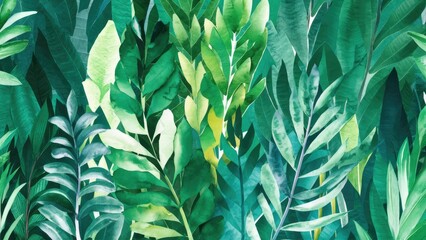 Aufkleber - Vibrant green watercolor texture with diverse leaf shapes creating a lush background, showcasing various shades of green in a dense arrangement.