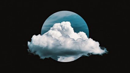 Leinwandbilder - Clouds illuminated in white against a dark canvas, featuring a circular blue backdrop, positioned centrally with soft edges blending into the black background.