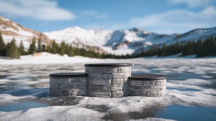 Aufkleber - Stone podiums arranged on a frozen lake amidst snow-capped mountains and evergreen trees under a bright blue sky ideal for product display.