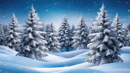Aufkleber - Snow-covered evergreen trees in a winter landscape featuring soft blue tones with a snowy foreground and a serene winter sky background.