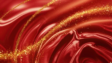 Fototapete - Shiny red and gold fluid abstract background with smooth waves and glittering accents, evoking elegance and luxury in design.