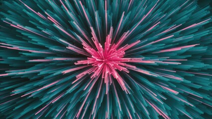 Poster - Vibrant abstract explosion with teal and pink streaks radiating from a central point creating dynamic energy and depth in a floral arrangement style