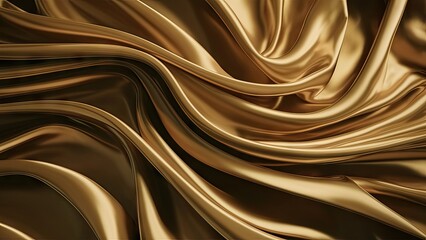 Poster - Golden silk fabric texture with smooth waves and elegant folds featuring rich golden tones and soft reflections for luxurious design backgrounds.