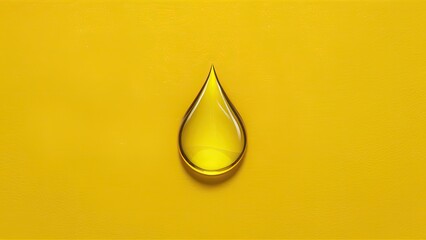 Fototapete - Yellow oil droplet on a bright yellow background with a glossy surface, centrally positioned, showcasing its rounded teardrop shape and transparency.