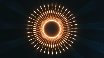 Leinwandbilder - Radiant circular pattern with warm orange light beams on a dark blue backdrop creating an abstract glow effect centered in the image.