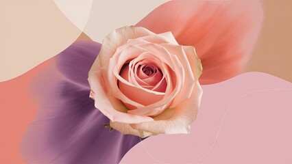Aufkleber - Soft pink rose at center with pastel orange and purple abstract shapes in background, creating a harmonious blend of colors and textures.