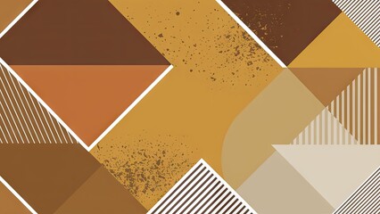 Fototapete - Geometric abstract background featuring warm tones of brown and gold with striped and solid shapes arranged in a dynamic layout.