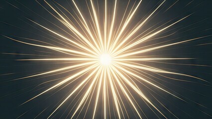 Fototapete - Glowing white sunburst with radiating golden beams on a dark blue background, centered light source creating dynamic star-like effect.