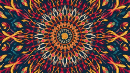 Poster - Vibrant textile design featuring intricate patterns in red, orange, yellow, and teal forming a circular mandala on a deep navy background