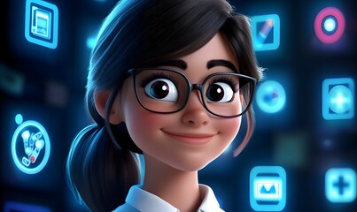Smiling girl, digital apps background, tech interface, website header