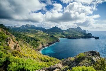 Wall Mural - Coastal Mountain View, Mediterranean Sea, Hiking Trail, Sunny Sky, Landscape, Travel Brochure