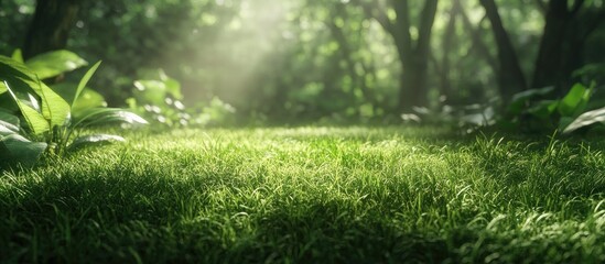 Wall Mural - Lush green grass lawn illuminated by soft sunlight filtering through dense trees, creating vibrant textures in foreground and ethereal background.