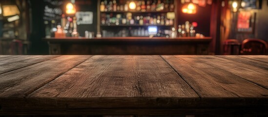 Wall Mural - Old wooden table counter with rich brown tones in the foreground featuring textured wood grains against a blurred lively bar backdrop in warm colors