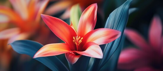 Wall Mural - Vibrant close-up of a pink and orange lily flower with lush green leaves in soft focus background showcasing nature's beauty and elegance