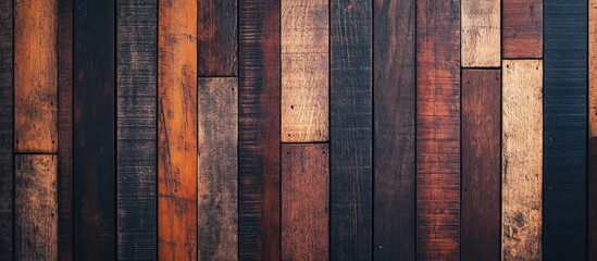 Wall Mural - Textured wooden background with varied shades of brown, black, and orange in horizontal planks; warm rustic feel. Perfect for design projects.