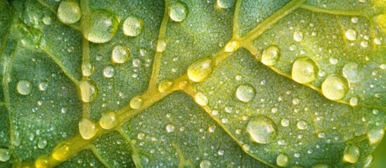 Wall Mural - Close-up of a green fern leaf covered in glistening dew drops, showcasing a misty atmosphere with soft focus and rich natural textures.