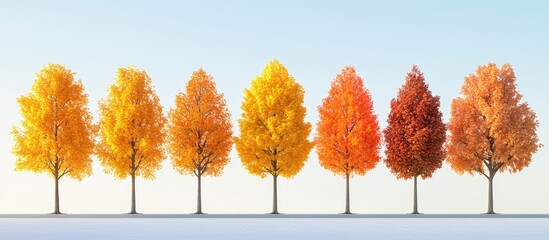 Poster - Autumn landscape with seven vibrant trees displaying shades of yellow, orange, and red against a light blue sky, evenly spaced in a row.