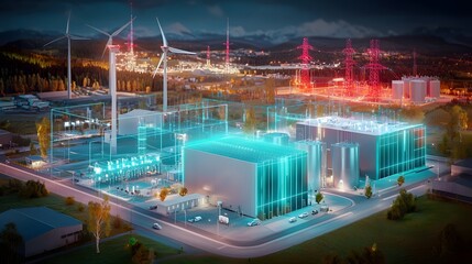 Poster - Futuristic cityscape featuring a smart grid system that seamlessly manages the transfer of renewable energy from wind farms solar power stations and battery storage facilities