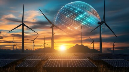 Poster - Futuristic high tech battery storage facility optimizing renewable energy from solar panels and wind turbines  The smart grid features interconnected power lines advanced AI driven analytics