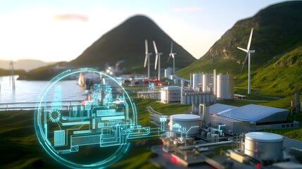Leinwandbilder - Sustainable cyber energy network with a fully automated smart grid system  Floating holographic data streams link solar farms wind energy plants and hydroelectric stations